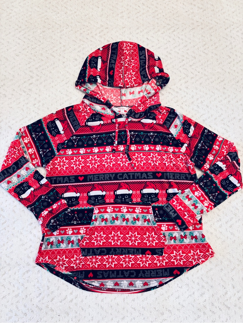 NoBo Merry Catmas Fleece Hoodie Pullover Size XXL Christmas Top Soft Plush Kitty